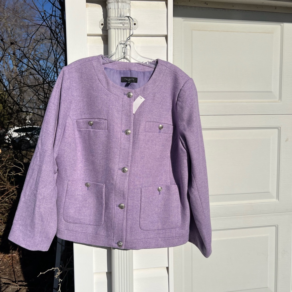 Nwt Talbots Pretty Lavender White Herringbone Short Wool Blend Lined Blazer